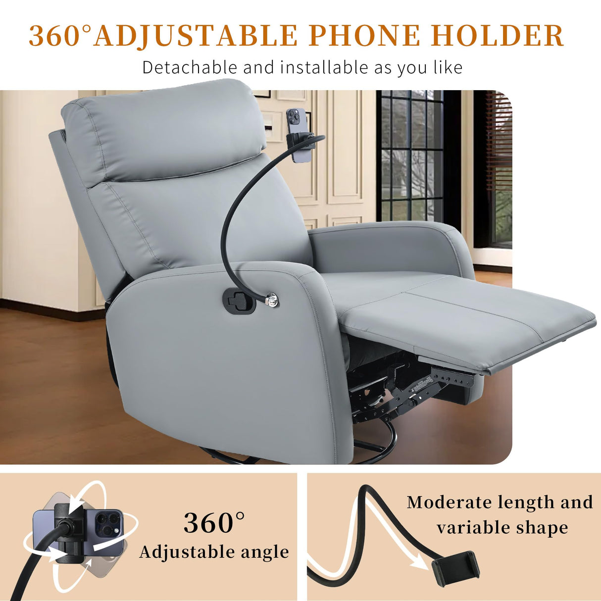 CHSICFOR Manual Swivel Recliner Chair,Nursery Reclining Sofa Chair with Lumbar Support, Adult Soft Padded Faux Leather Glider Recliner with 360° Free Rotation,Removable Phone Holder,Blue Gray CHSICFOR