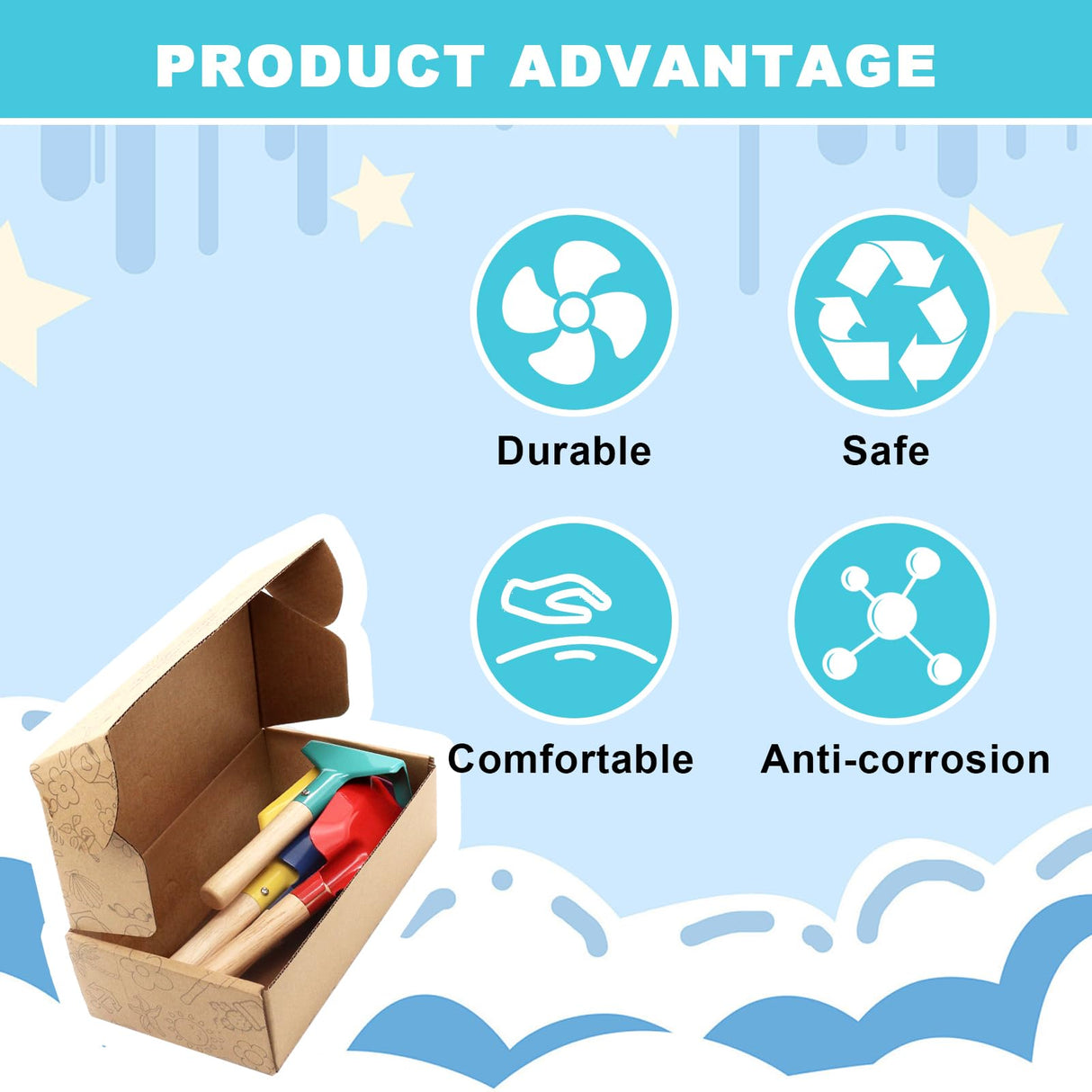 WEILAIDI Beach Toys,5 Pcs Children Beach Sand Toys,8'' Kids Gardening Set Metal Garden Tools with Sturdy Wooden Handle,Safe Kids Shovel with Spoon, Fork, Rake, Flat Shovel & Pointed Shovel for Kids WEILAIDI