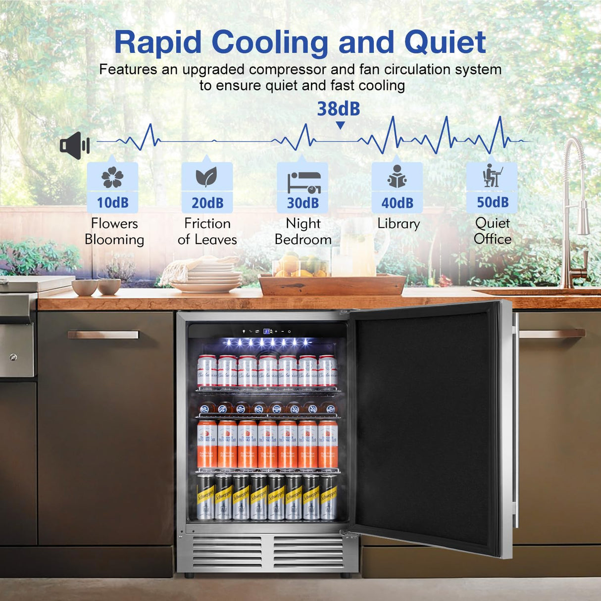 Tylza Outdoor Refrigerator 24 Inch Wide, Stainless Steel Beverage Refrigerator 176 Can for Undercounter Built-in or Freestanding, for Home and Patio, Water Proof, Fast Cooling, Low Noise, 37-65 °F Tylza