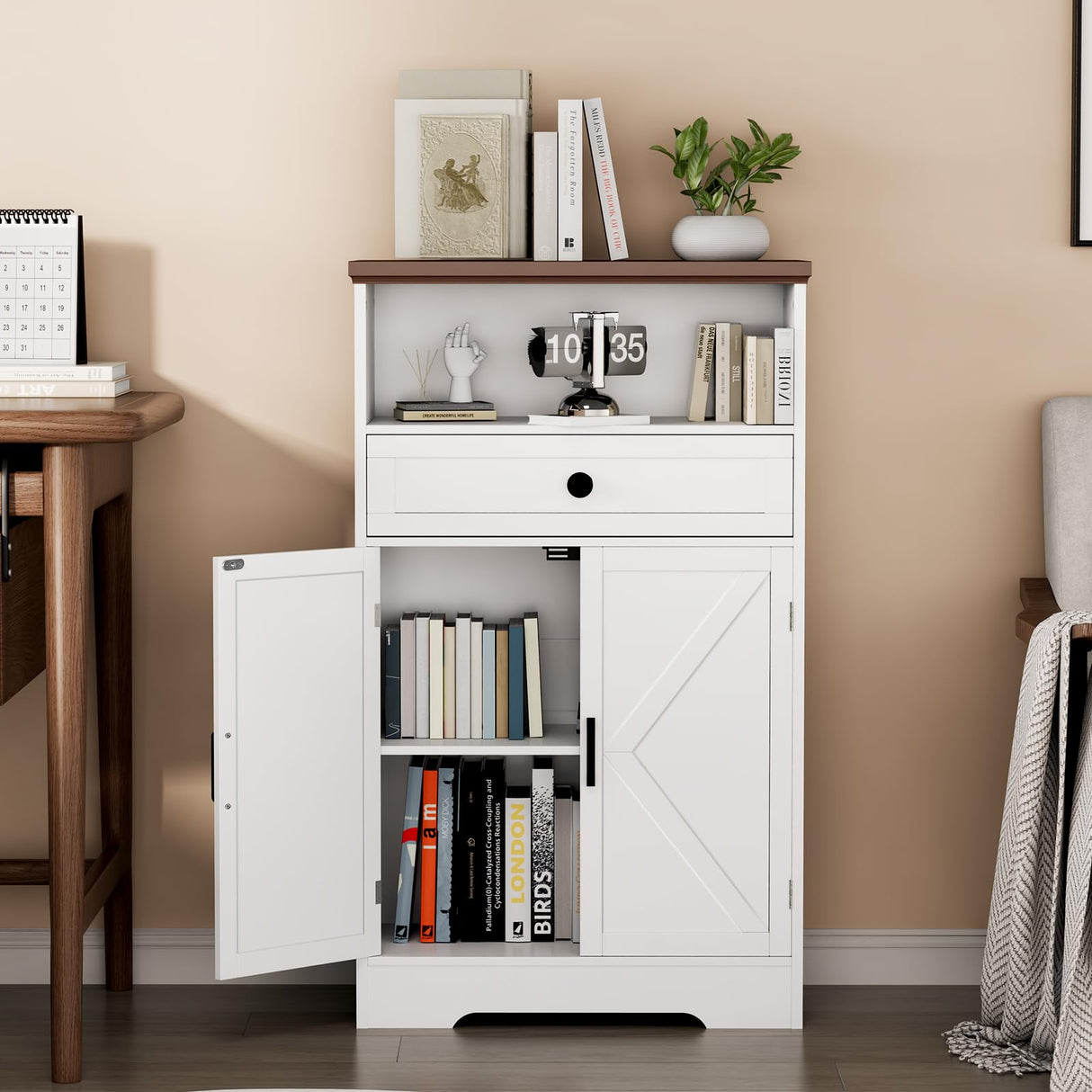 Viroformo White Floor Cabinet, Farmhouse Storage Cabinet with Barn Doors and Drawer, Freestanding Adjustable Shelf Cabinets for Bathroom, Kitchen, Living Room Viroformo