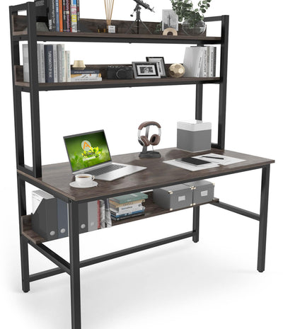 Aquzee Grey Desk with Hutch and Open Bookshelves for Organised Storage