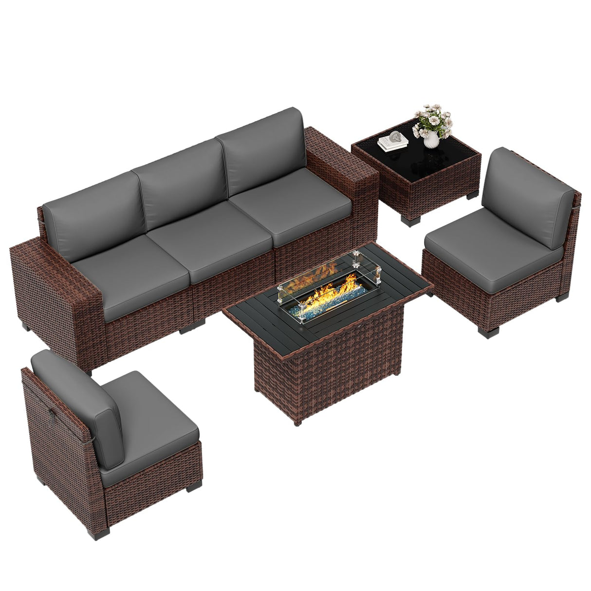 ELPOSUN 7 Pieces Outdoor Patio Furniture Set with 44" Fire Pit Table Brown Rattan Sectional Sofa Conversation Sets for Balcony Lawn and Garden (Gray, 7 pcs w/Fire Table) ELPOSUN