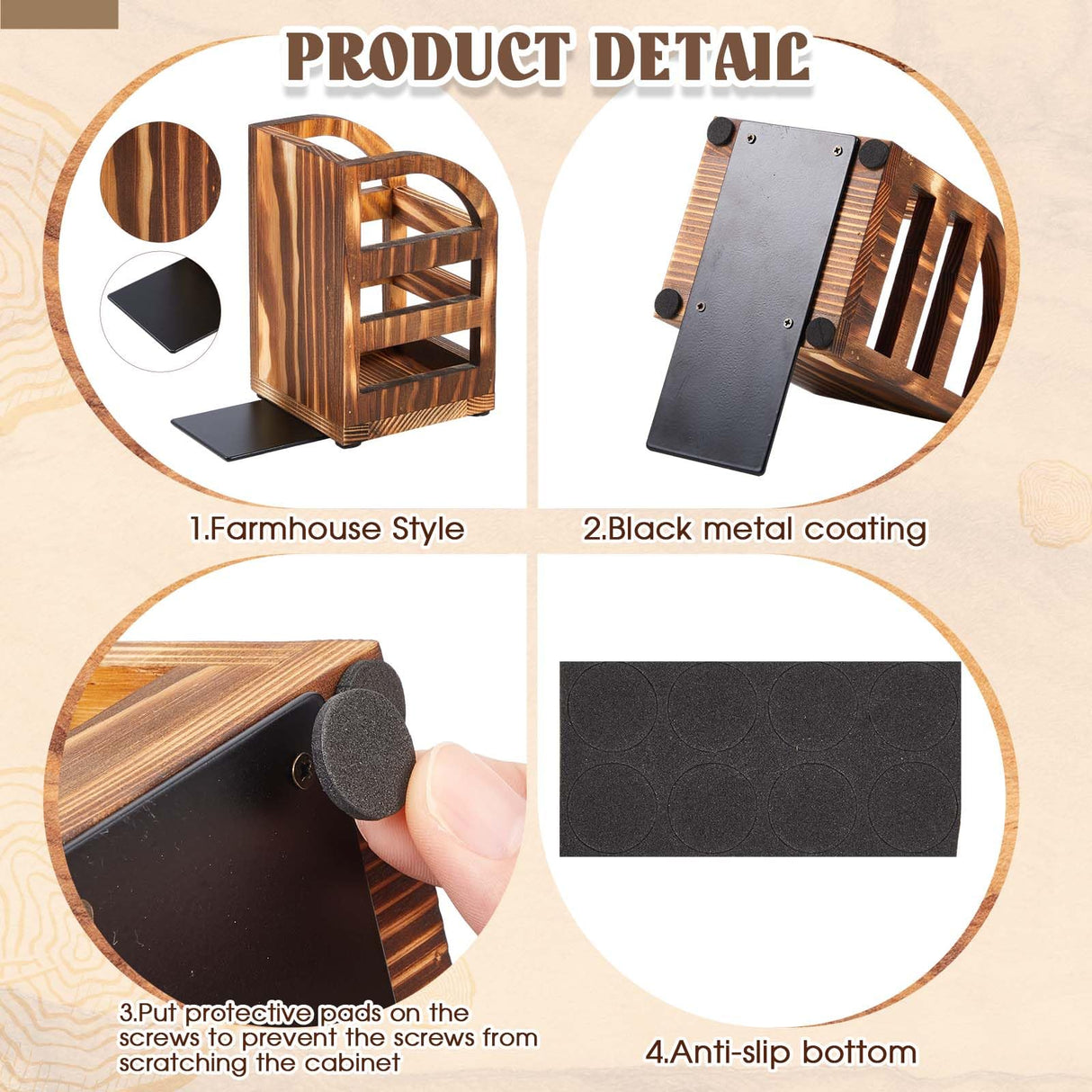 1 Pair 2 in 1 Rustic Burnt Wooden Bookend with Coated Metal Desk Supply Holds Non Skid Desktop Book Ends Pen Holder Pencil Cup Stationery Storage Bins Book Stopper for Home Office Dorm Room Memorywuu