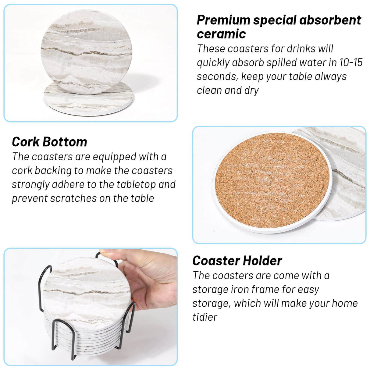 Acejoz Drink Coasters with Holder for Coffee Table, Absorbent Coaster Sets of 6, Marble Style Ceramic Coaster for Wooden Table, Suitable for Kinds of Cups, Home Decor, 4 Inches Acejoz