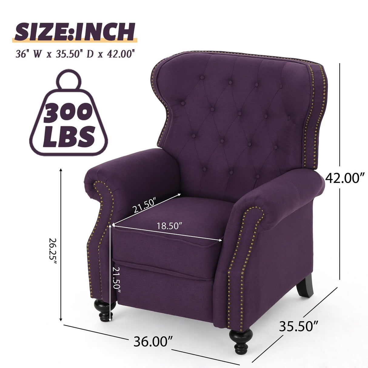 Push Back Recliner Chair, Mid Century Wingback Recliner, Accent Chair with Rivet Decoration, Fabric Push Back Single Sofa for Living Room Adjustable Backrest (Plum) Xinmviec