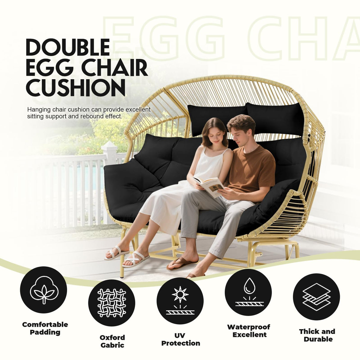DANGHOOGY Outdoor Double Egg Chair Cushions, Waterproof Wicker Egg Chair Replacement Cushion, Thickened Hanging Chair Cushion, 65x47x7 Inches (Black) DANGHOOGY