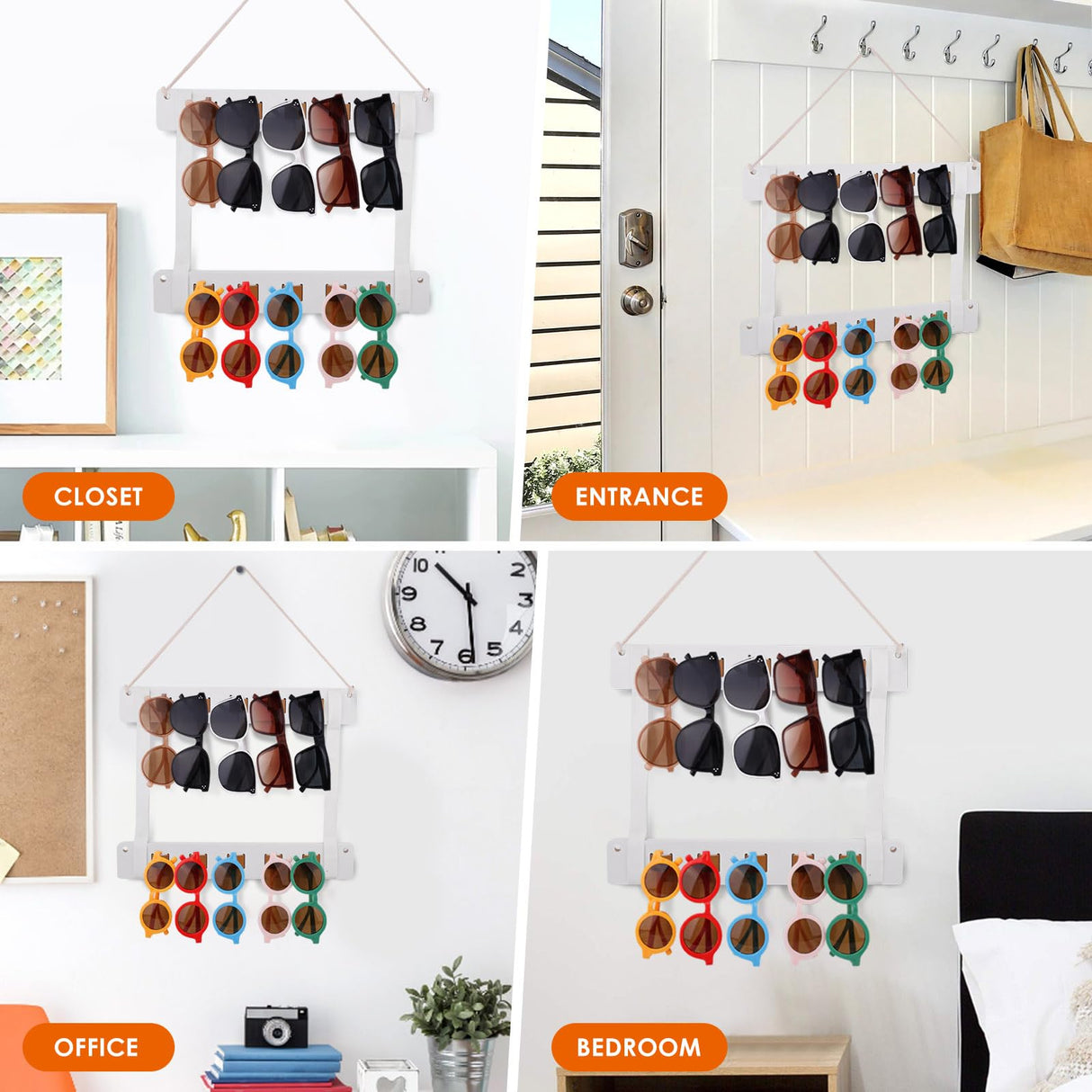 chiduerm Sunglasses Organizer Wood Storage Eye Glasses Holder for Home Wall Mounted,Sunglasses Rack Home Wall Hanging Storage Organizer (2pcs White) chiduerm
