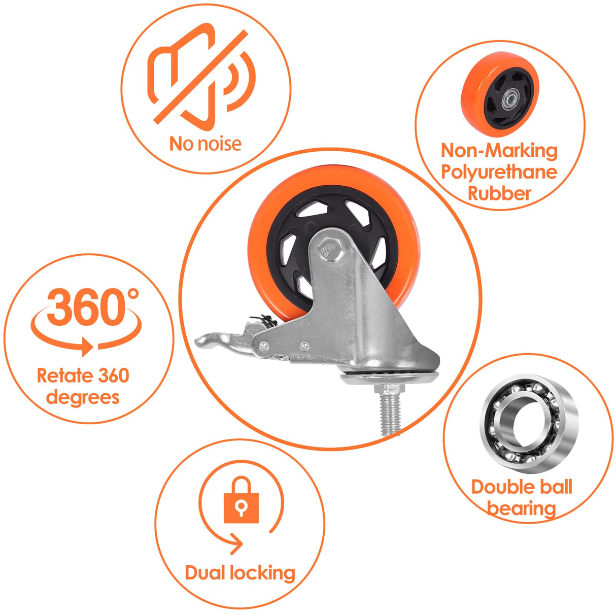 Stem Casters Heavy Duty Swivel Threaded Stem Caster Wheels with American Size 1/2''-13x1'' Thread Dual Locking Wheel with Brakes Pack of 4 (5 inch, with Brake) AOCHENLY