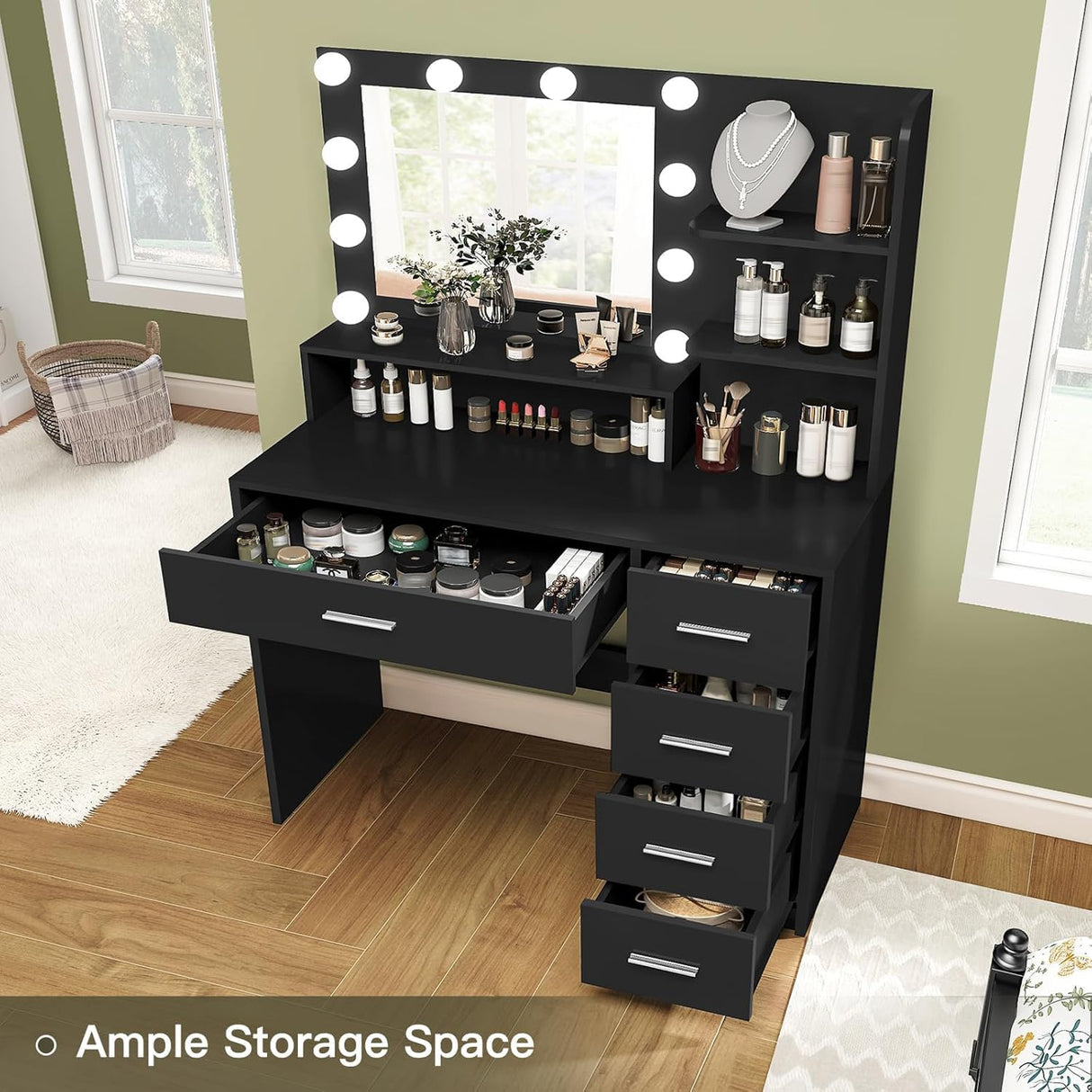 Quimoo Makeup Vanity Desk with Mirror & Lights, Vanity Desk with 5 Drawers & Storage Shelves, Vanity Table, 3 Color Modes & Adjustable Brightness Dressing Table, Bedroom Quimoo