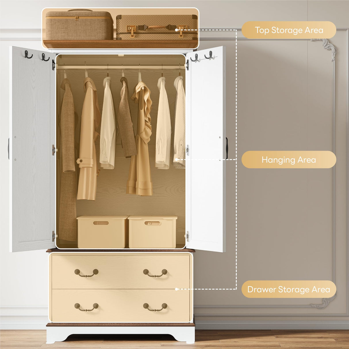 LIKIMIO Armoire Wardrobe Closet with Mirror, 70.1" Wooden Clothing Storage Cabinet with 2 Doors & 2 Drawers, Modern Bedroom Freestanding Wardrobe Combination with Hanging Rod, Cherry with White LIKIMIO