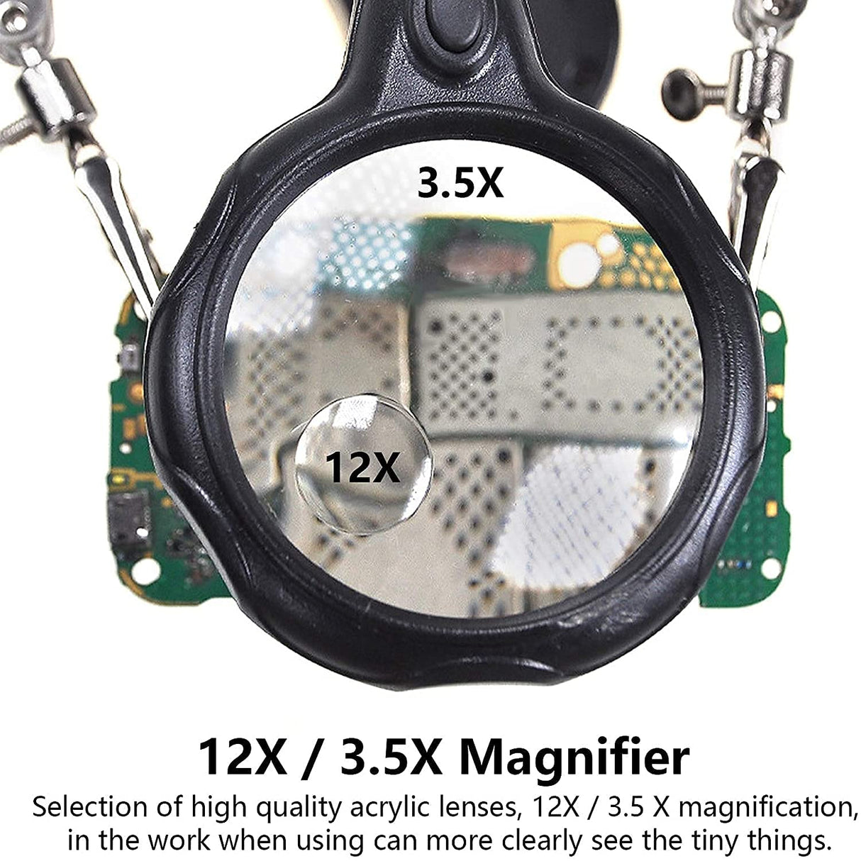 mlogiroa Helping Hands Soldering Station, 3.5X 12X Magnifying Glass LED Lighted Magnifier with Auxiliary Clips Alligator Clamp Repair Tools Kit for Soldering, Assembly, Miniatures mlogiroa
