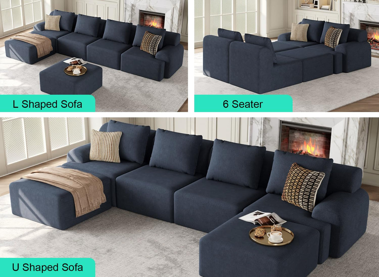 Kalafini 153" Boneless Couches for Living Room, Blue-Grey U-Shaped 6-Seat Sofa Modular Sectional Sofa, Plush Corduroy Sectional Couches, Convertible Oversized Sofa – No Assembly Required Kalafini