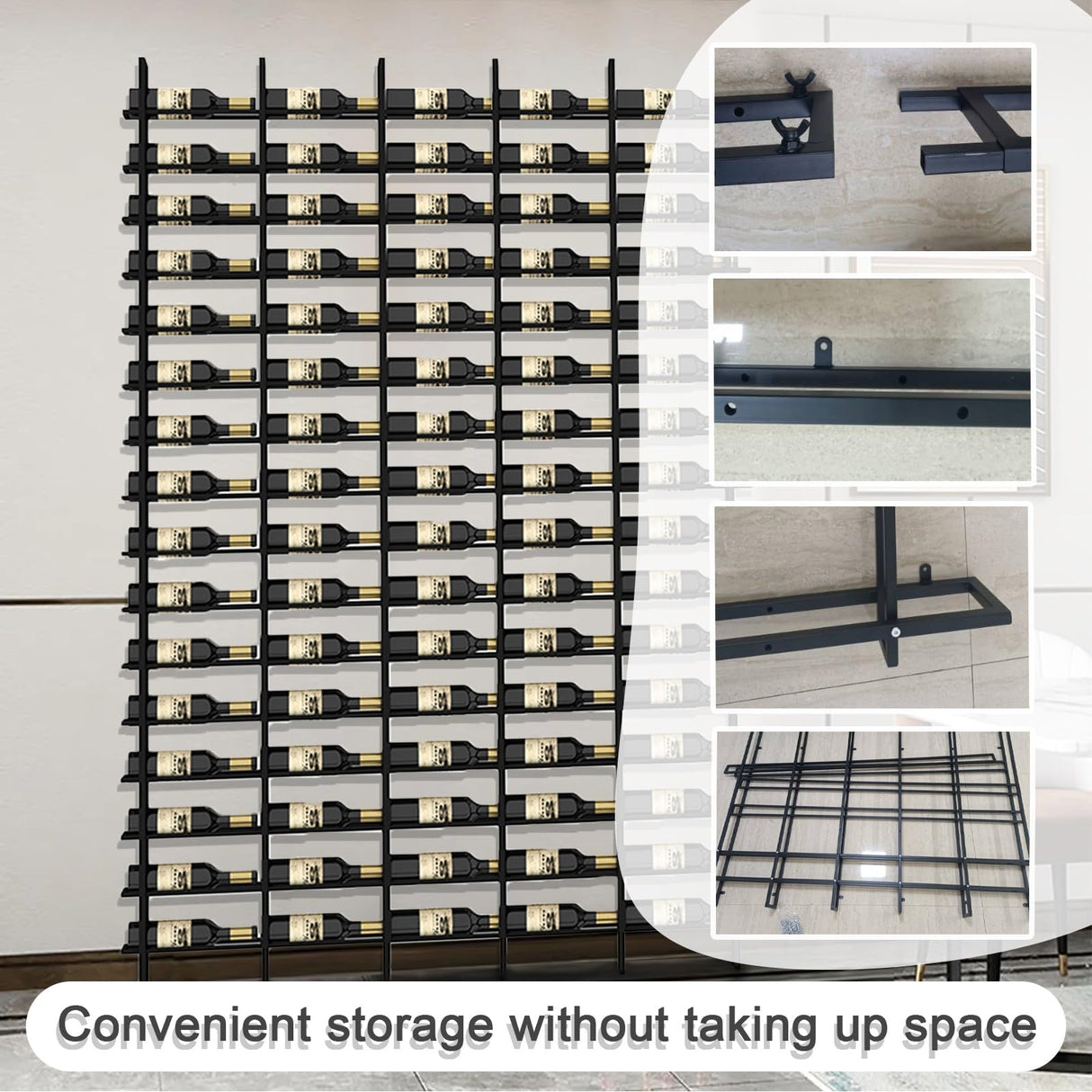 amhricho Wall Mounted Wine Rack, H 94.5INCH, 16 Rows, Black 48 Bottle, Metal Wine Bottle Holder for Home Bar, Wine Kitchen Storage (Black, 3 Columns) amhricho