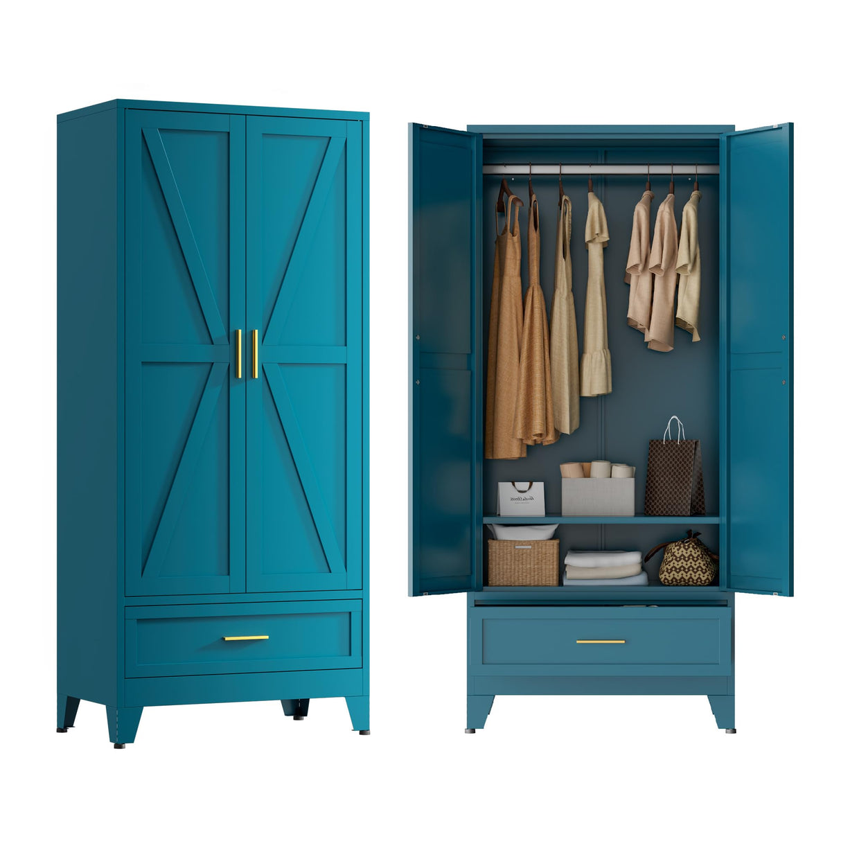 Blue Metal Wardrobe Cabinet for Bedroom, 71" Tall Freestanding Closet System with Drawer and Shelf, Hanging Rod Clothing Organizer with Two Doors, Farmhouse Steel Wardrobe Bedroom Armoires Bevivog