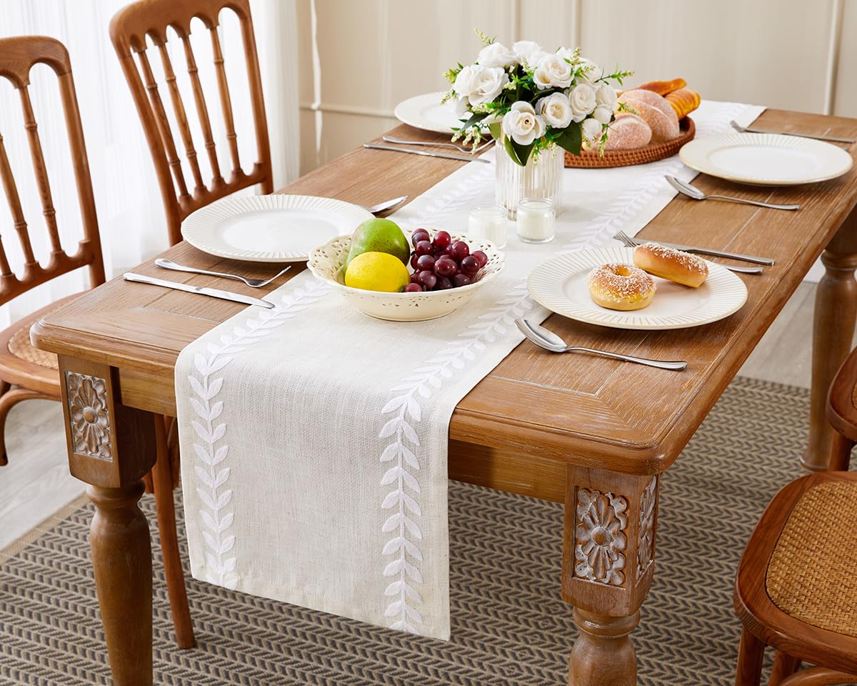 Wracra Embroidered Table Runner Irregular Willow Leaf Table Runners 72 Inches Long For Dresser Home Dining Table Decor,14 x 72 Inch, White Wracra