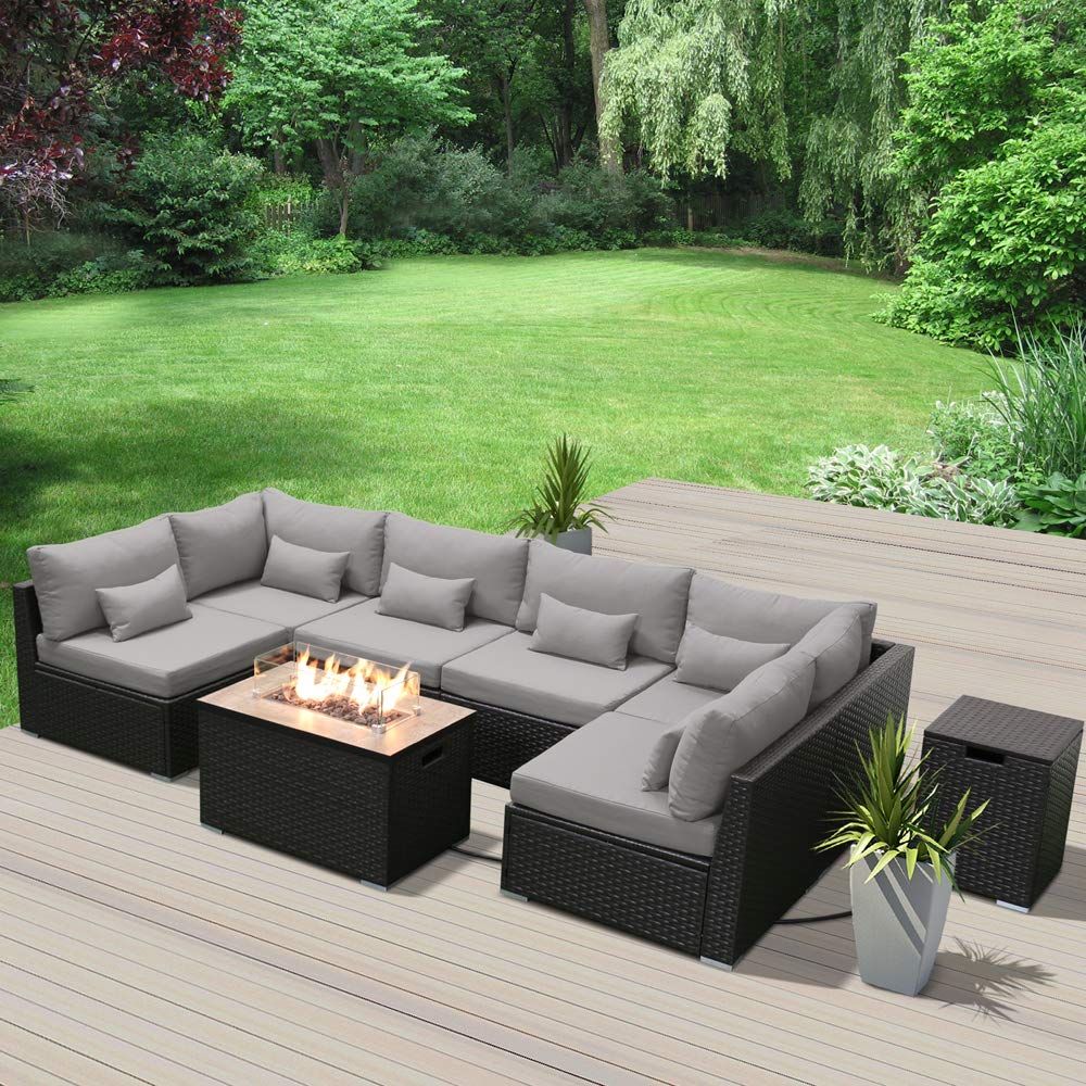 Dineli Sectional Sofa with Gas/Propane Fire Pit Table Outdoor Patio Furniture Sets (Light Gray-Rectangular Table) Dineli
