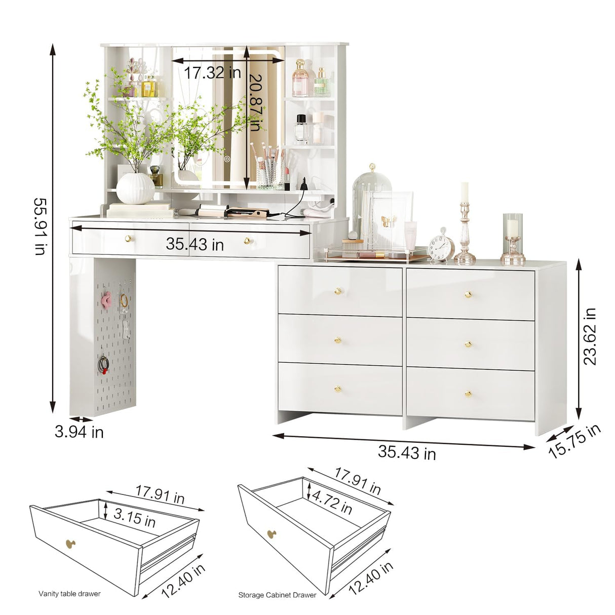 Ieejdn Makeup Vanity Desk with Mirror and Lights, Vanity Desk with 8 Drawers & Storage Shelves, Vanity Table with Power Outlet, 3 Color Modes & Adjustable Brightness Dressing Table, Bedroom,White Ieejdn