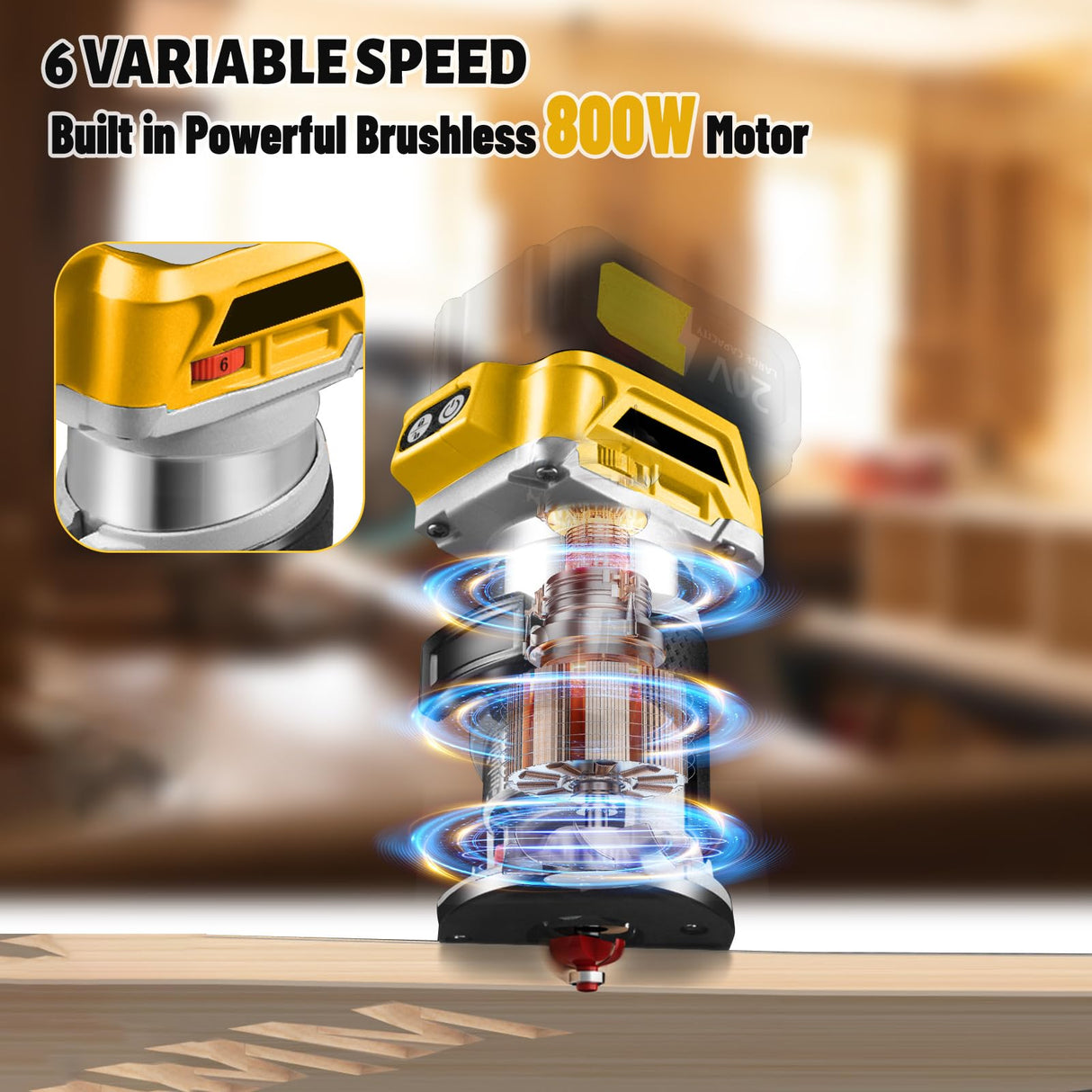 Cordless Router for DeWalt 20V Battery (Tool Only), 6 Speeds 30,000RPM Brushless Compact Router for Woodworking, Palm Router with Trim Router Bits, Edge & Roller Guide, Dust Hood Yuqutum