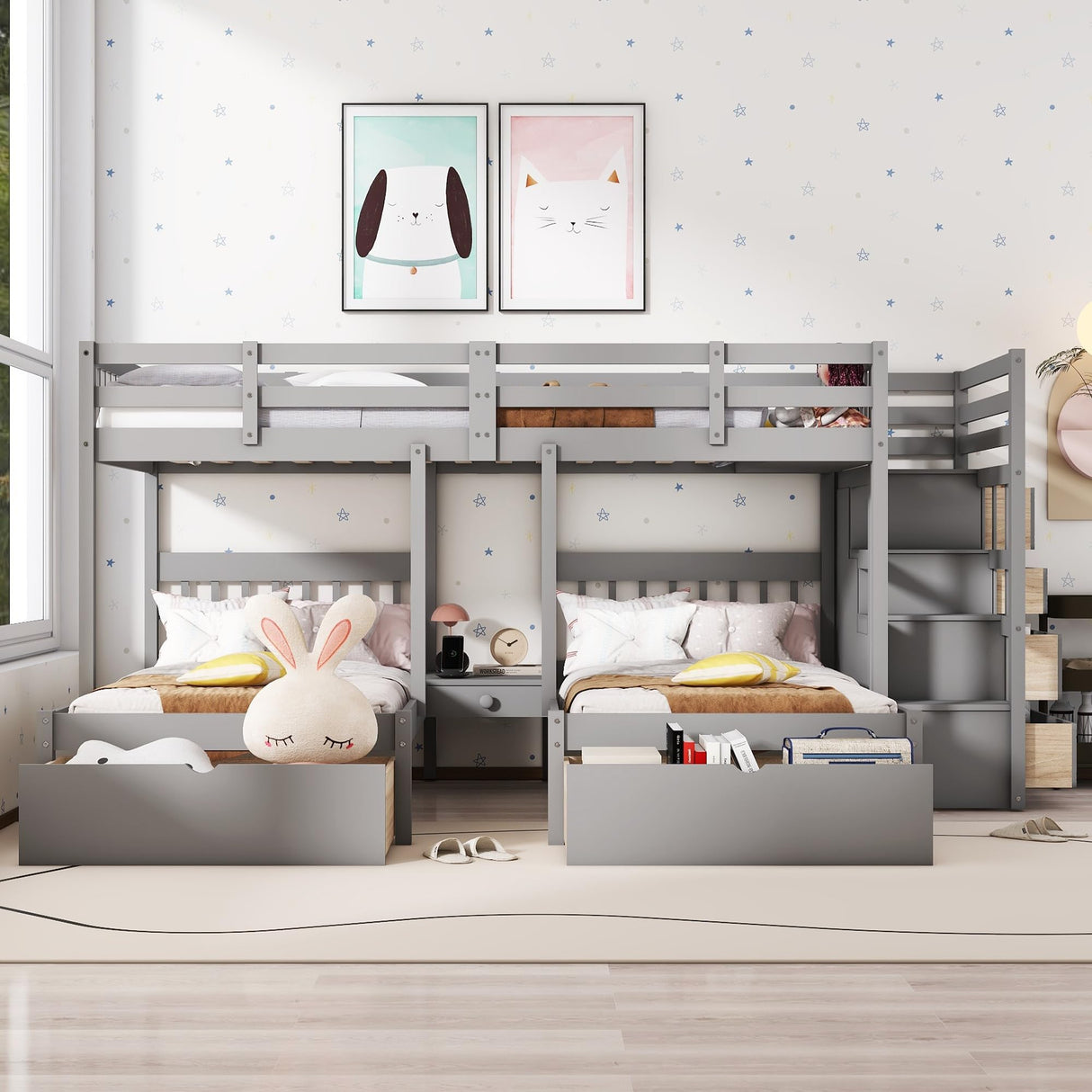 Harper & Bright Designs Grey Triple Bunk Beds with Drawers and Storage Staircase - Full Over Twin & Twin Design Harper & Bright Designs