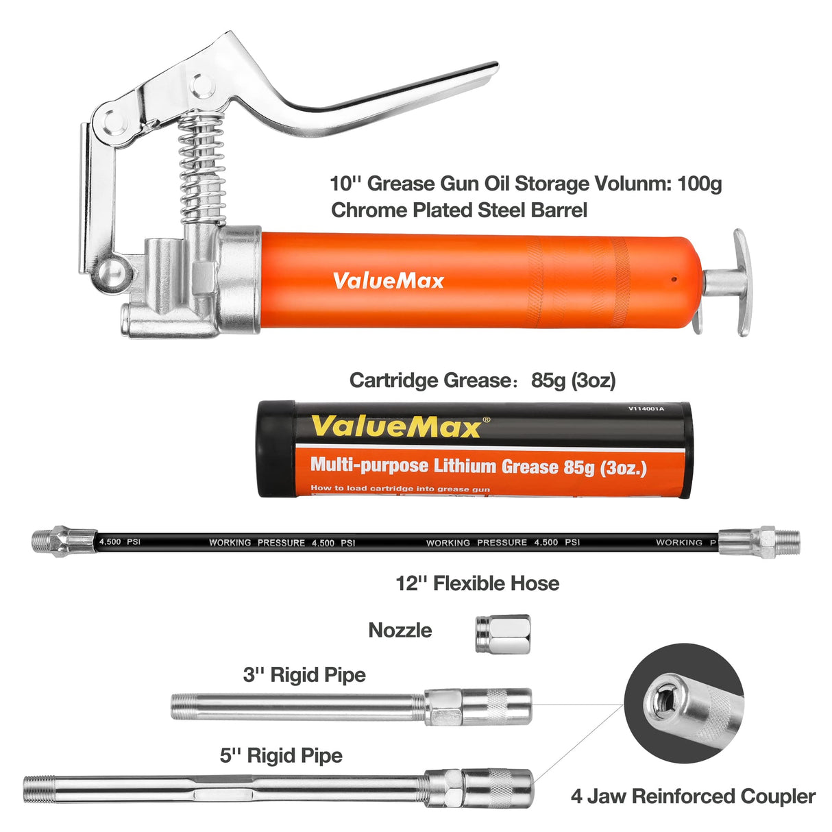 ValueMax Mini Grease Gun Kit (3500 PSI) with 3 OZ Grease, 12'' Flexible Hose, 5'' & 3” Extension Tubes, Pistol Grip, Reinforced Construction, Fit for Automotive, Marine, Industrial ValueMax