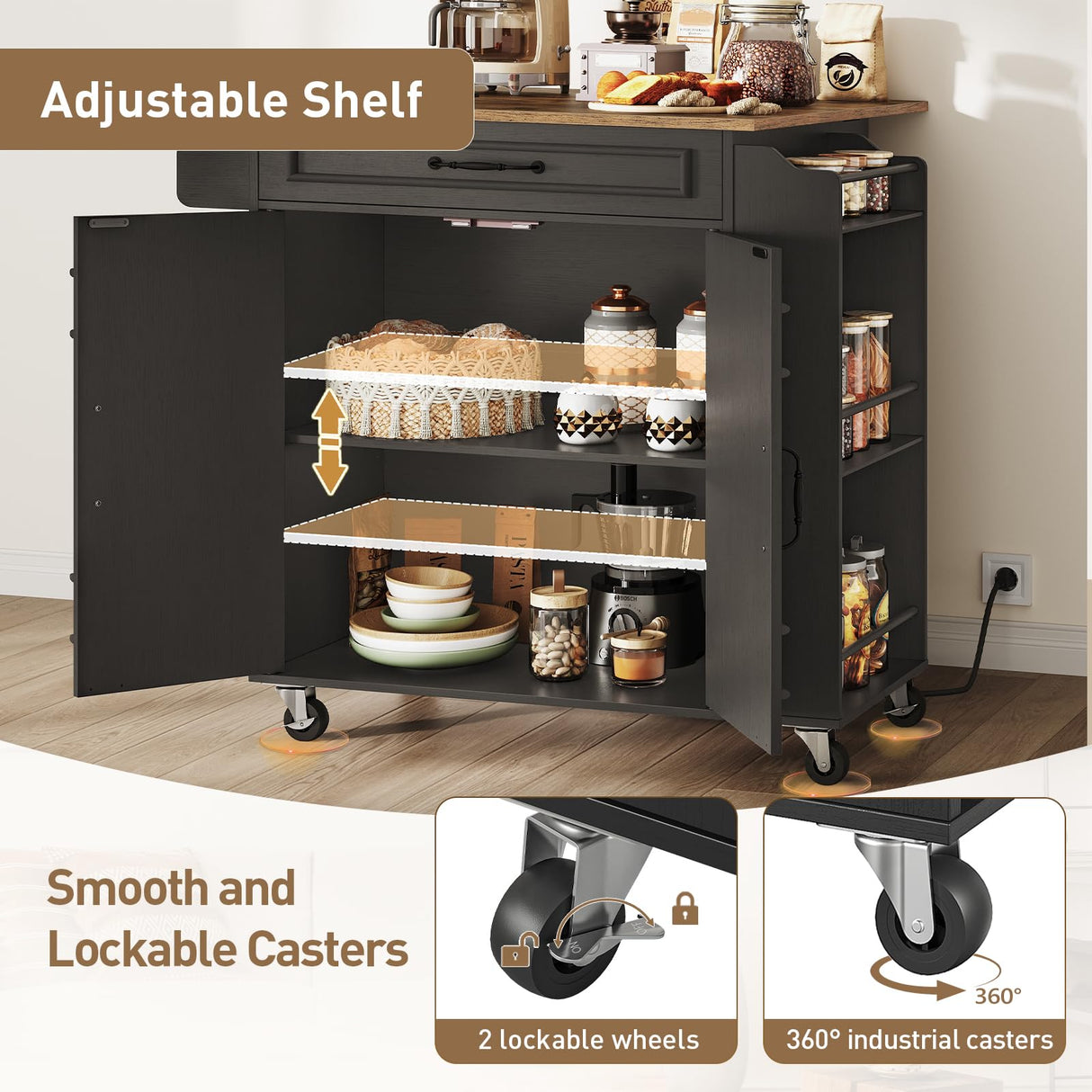 RALGEND Kitchen Island with Power Outlets & Drop Leaf, Rolling Kitchen Cart on Wheels, Kitchen Storage Island with Spice Rack and Drawer for Kitchen, Dinning Room, Black and Rustic Brown RALGEND