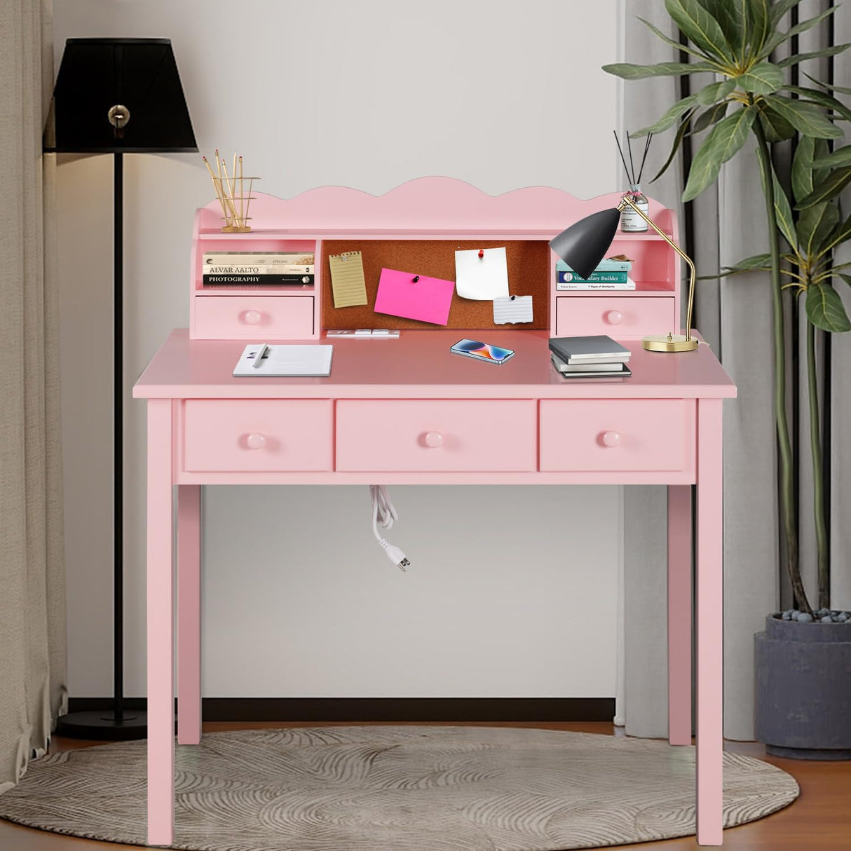 FUNKOCO Home Office Furniture Writing Desk,Computer Work Station with Detachable Hutch,5 Drawers(Pink) FUNKOCO