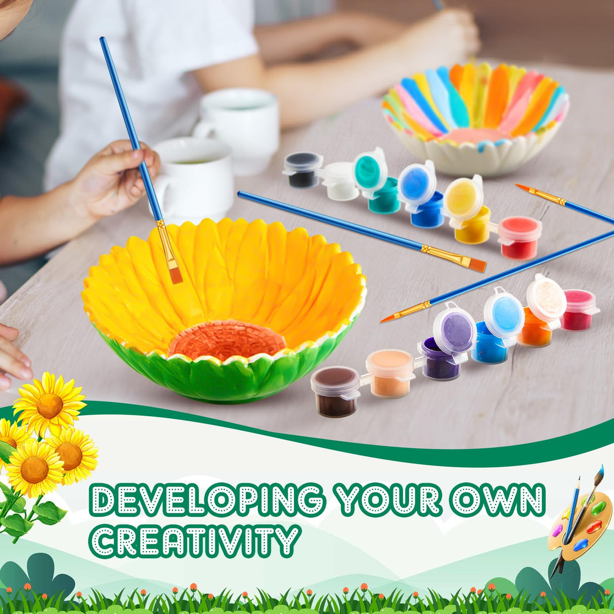 Trandraft 6 Set Paint Your Own Ceramic Sunflower Bowl Keepsake DIY Ceramics to Paint Paintable Ceramic Bowl Unpainted Ceramic Bisque Painting for Adult Craft Projects Trandraft