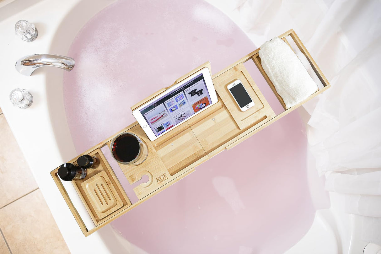 XcE Foldable Bathtub Tray Expandable to 105cm for Luxury Bath, Bath Tray for Bathtub (Bamboo) XcE