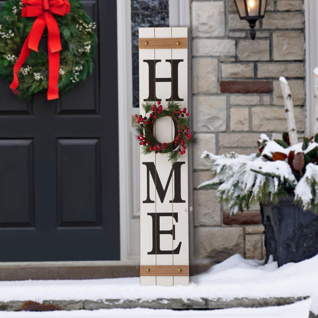 Glitzhome Wooden Welcome Home Porch Sign with Interchangeable Wreaths for Front Door, Vertical Farmhouse Standing Home Sign, Hanging Sign for Year Spring Fall Thanksgiving Christmas, 42”H, White glitzhome