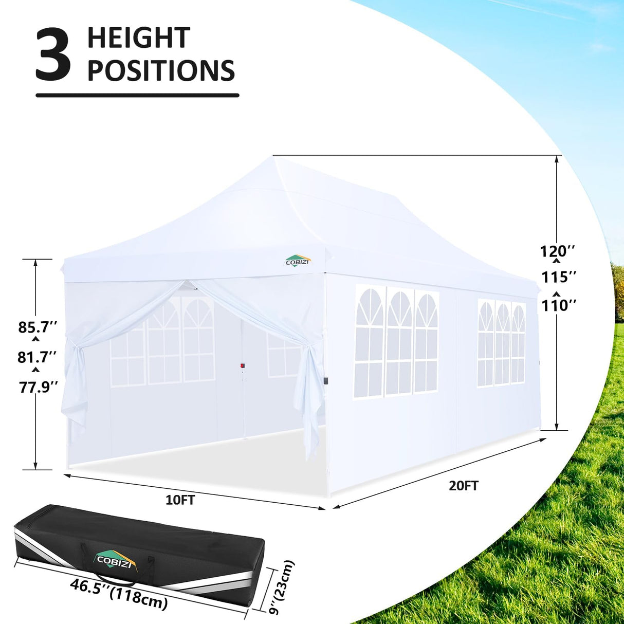 COBIZI 10x20 Pop Up Canopy with 6 Sidewalls, Conical Party Tent 10x20 with 3 Adjustable Height Waterproof, UV-Resistant with Carry Bag, Sandbag, Stake, Tents for Parties, Commercial (Frame Upgraded) COBIZI