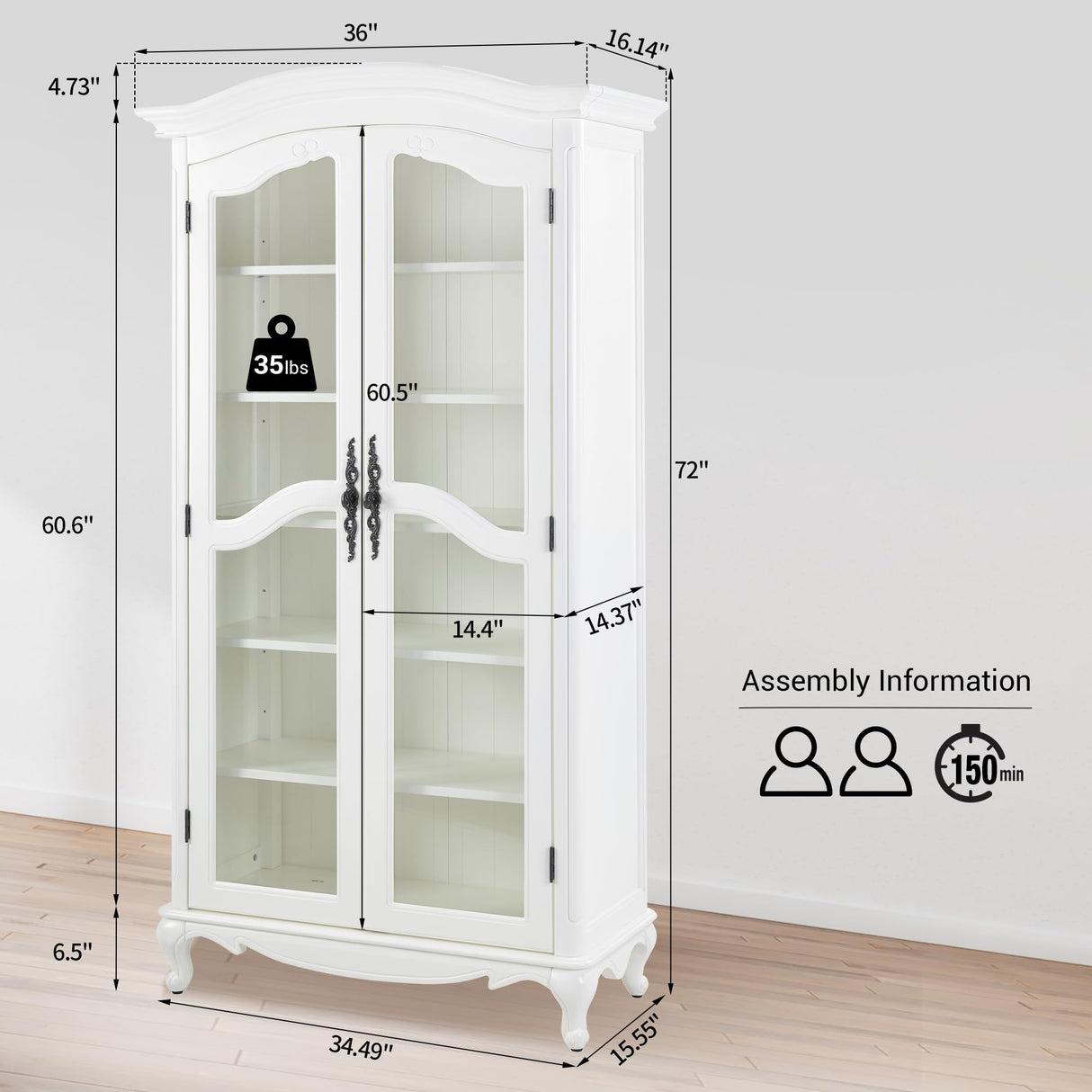 Farmhouse Arched Display Cabinet Bookcase Bookshelf with Glass Doors and Adjustable Shelves, 72" Tall 6 Tiers French Country-Inspired Wooden Curio Cabinet for Living Room, Office (Antique White) ZESTO PASSION FOR LIVE