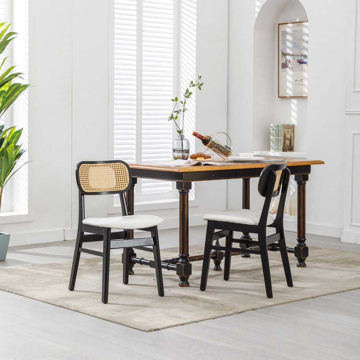 ROCITY Rattan Dining Chairs Set of 2 Black Wooden Dining Room Chairs White Faux Leather Kitchen Chairs with Back Farmhouse Side Chairs ROCITY