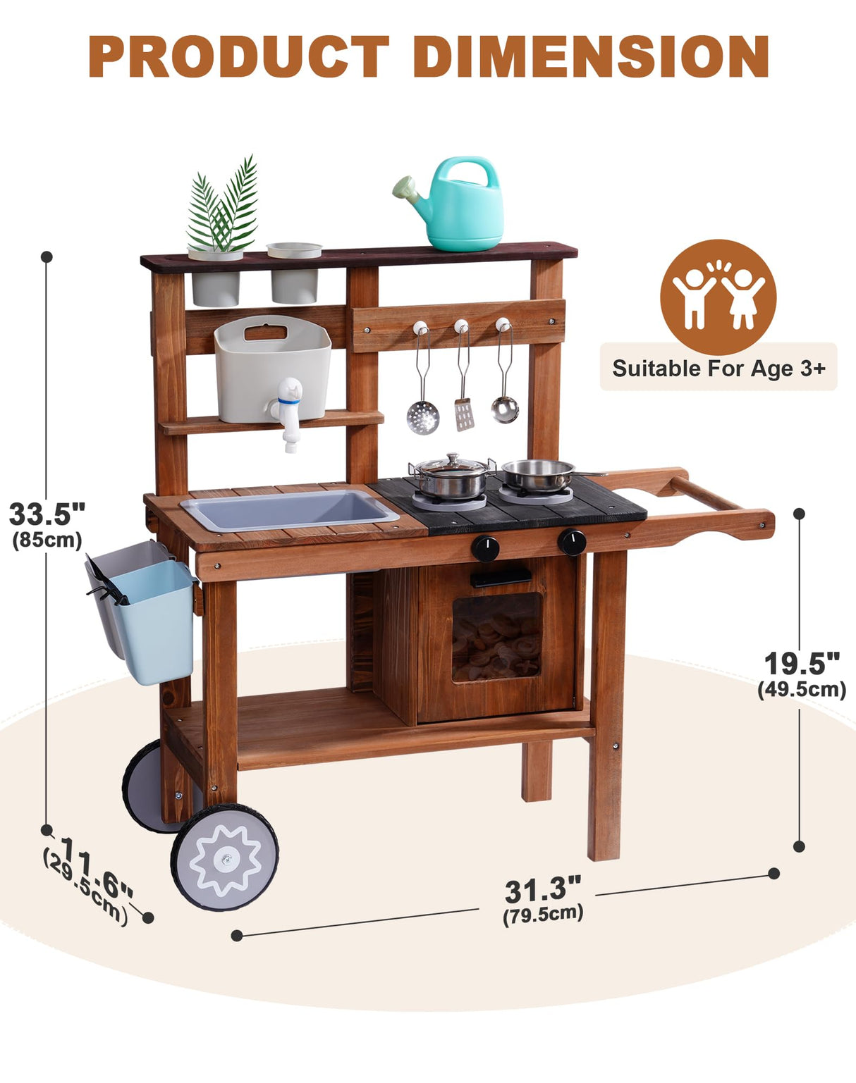 ROBUD Mud Kitchen for Kids Outdoor with Wheels, Wooden Outdoor Play Kitchen, Kids Mud Kitchen with Removable Sink & Faucet, Monteeori Toys for Children Ages 3+ Years, WG403 ROBUD