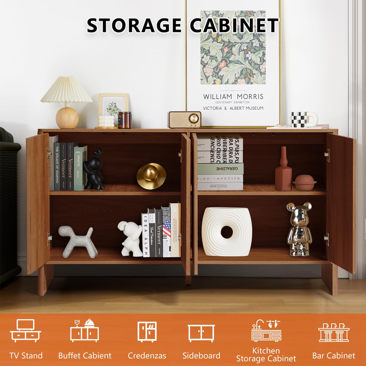 Sideboard Storage Cabinet with Doors and Shelves, Buffet Cabinet with Storage, Credenza Storage Cabinet for Kitchen, Wooden Fluted Cabinet for Bedroom/Entryway, under TV Cabinet with Storage - Walnut affeivul