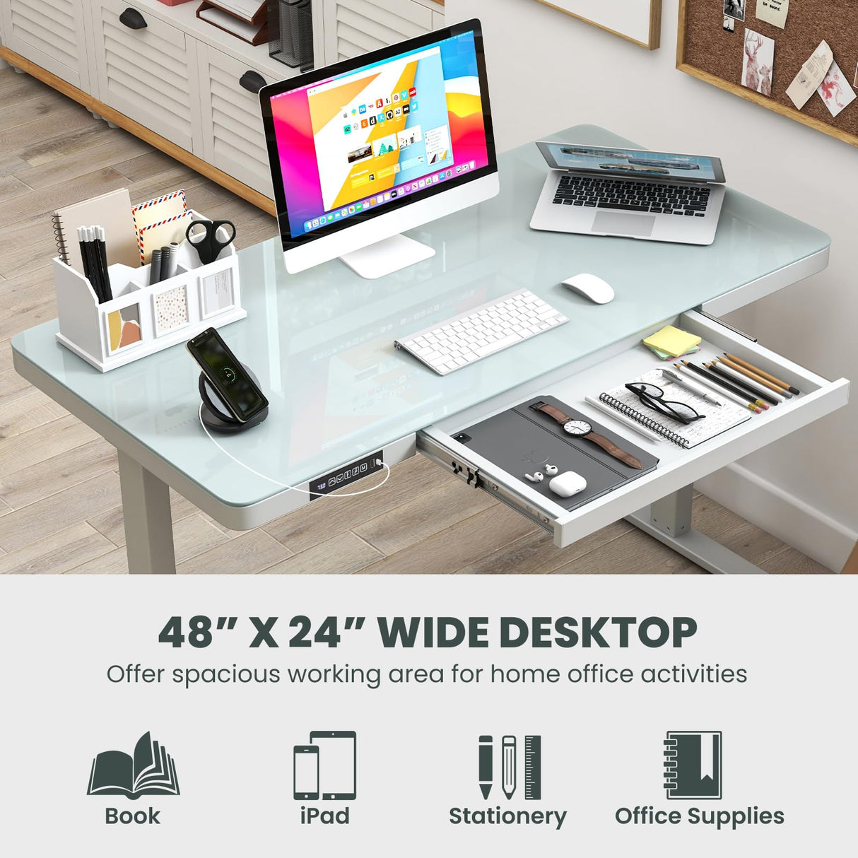 Giantex Glass Standing Desk with Drawer, 48" x 24" Height Adjustable Electric Stand Up Desk with Tempered Glass Top, 2 Memory Positions & USB Type-C Outlets, Sit Stand Desk for Home Office, White Giantex