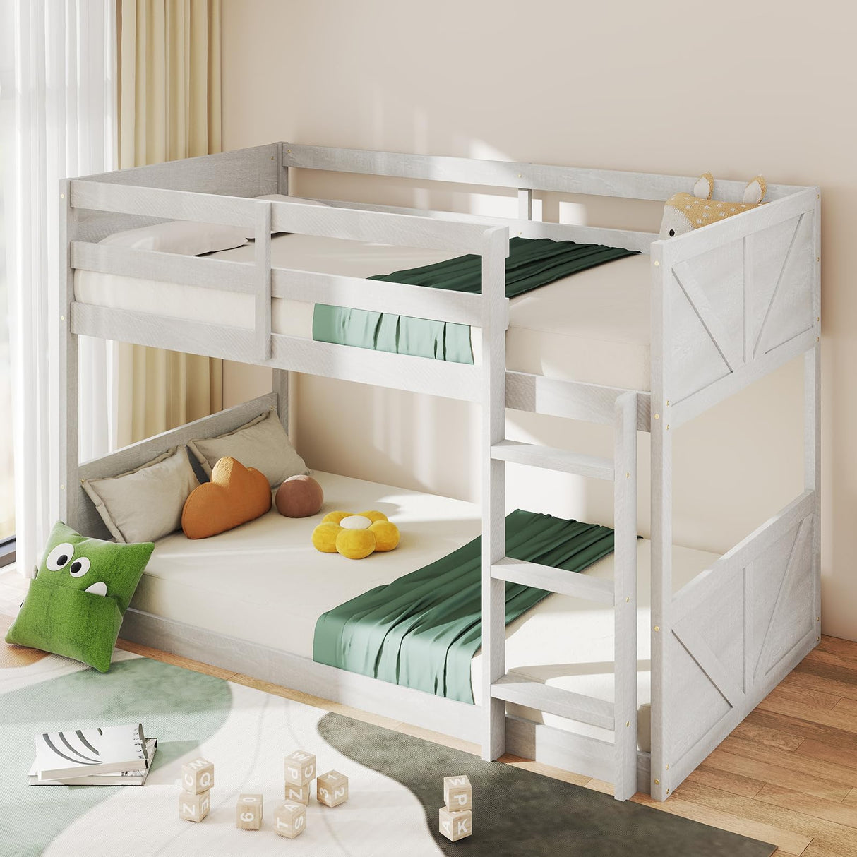 Zevemomo Low Twin Over Twin Bunk Bed, Solid Rubberwood Bed Frame with Built-in Ladder, Floor Bunk Bed, Wooden Bed for Small Spaces, Bedroom, Space Saving, No Box Spring Needed, White Zevemomo