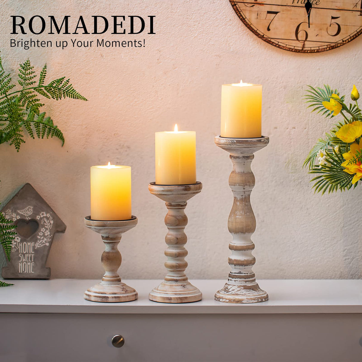 Candle Holder for Pillar Candles: Romadedi Set of 3 Decorative Wood Candlestick Holders, Rustic Wooden Candle Stand for Fireplace Mantle End Table Shelf in Farmhouse Style, Whitewashed 6”, 8.3”, 12” Romadedi