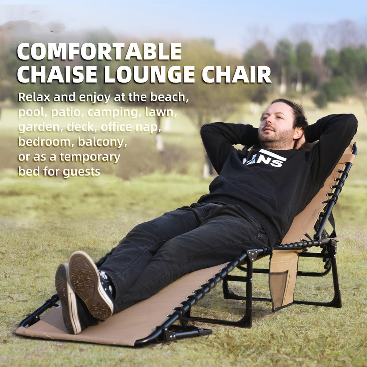 Foristrail Folding Chaise Lounge Chair Bed - Heavy-Duty 400lb Capacity Portable Adjustable Recliner w/Pillow for Patio, Pool, Camping, Sunbathing - Lay Flat Design (Beige) Foristrail