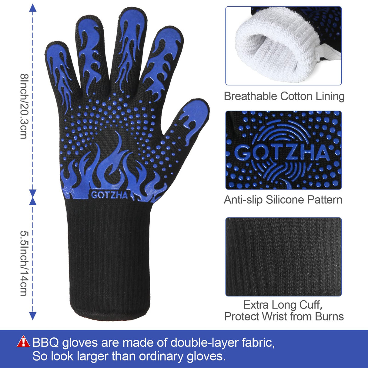 BBQ Gloves for Smoker, 1472℉ Extreme Heat Resistant Gloves, 14 Inch Silicone Non-Slip Grill Gloves with Extra Long Cuff, Safe Oven Gloves for Barbecue, Fryer, Baking, Outdoor Camping (Blue) GOTZHA