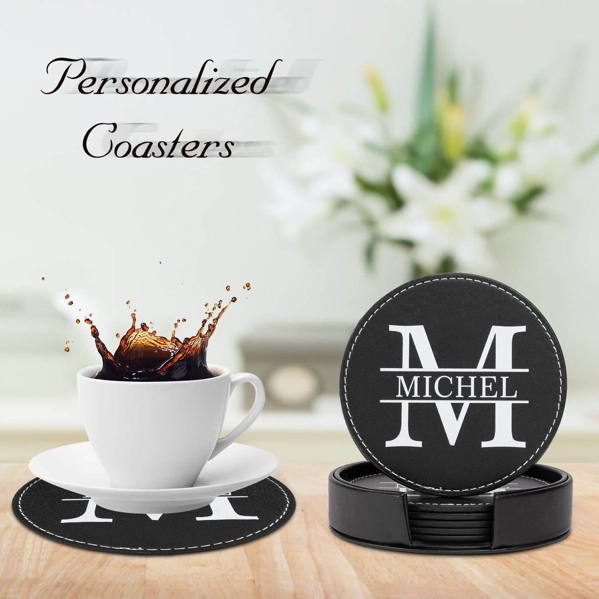 Bosajewel Personalized Coaster Set 6 Monogrammed Coasters for Drinks with Holder Custom Name Coffee Table Bar Beer Wine Cup Coasters Black Leather Coasters for Men Women Home Modern Coasters Gift Bosajewel