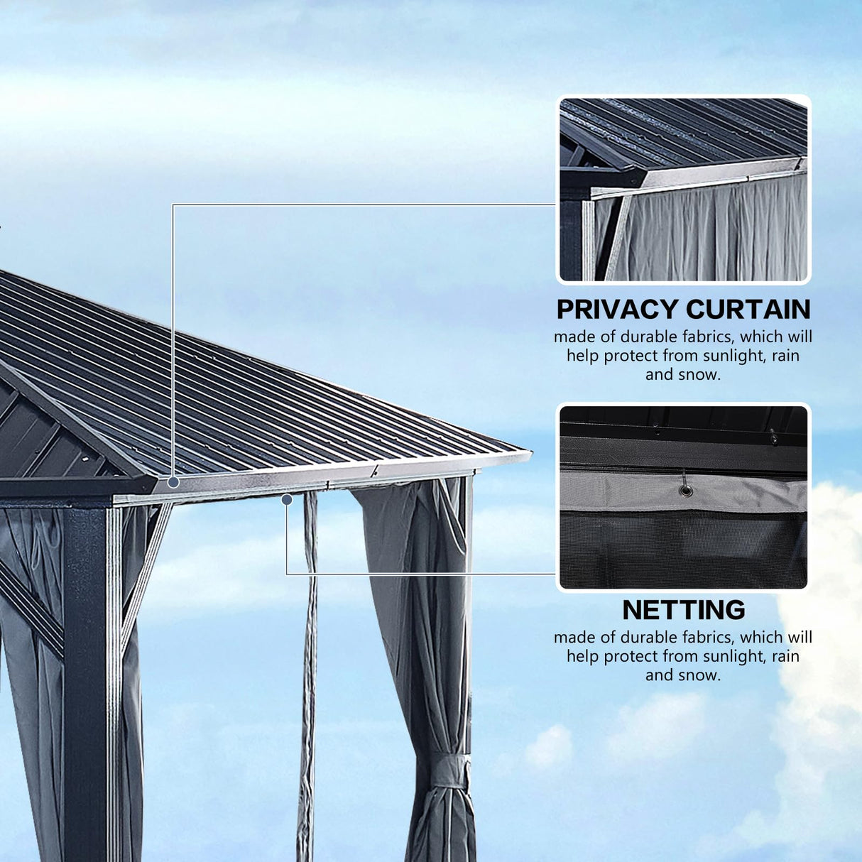 12x18ft Hardtop Gazebo with Nettings and Curtains,Heavy Duty Double Roof Galvanized Steel Outdoor Combined of Vertical Stripes Roof Garden Tent for Patio,Backyard,Deck,Lawns (Black) ccko