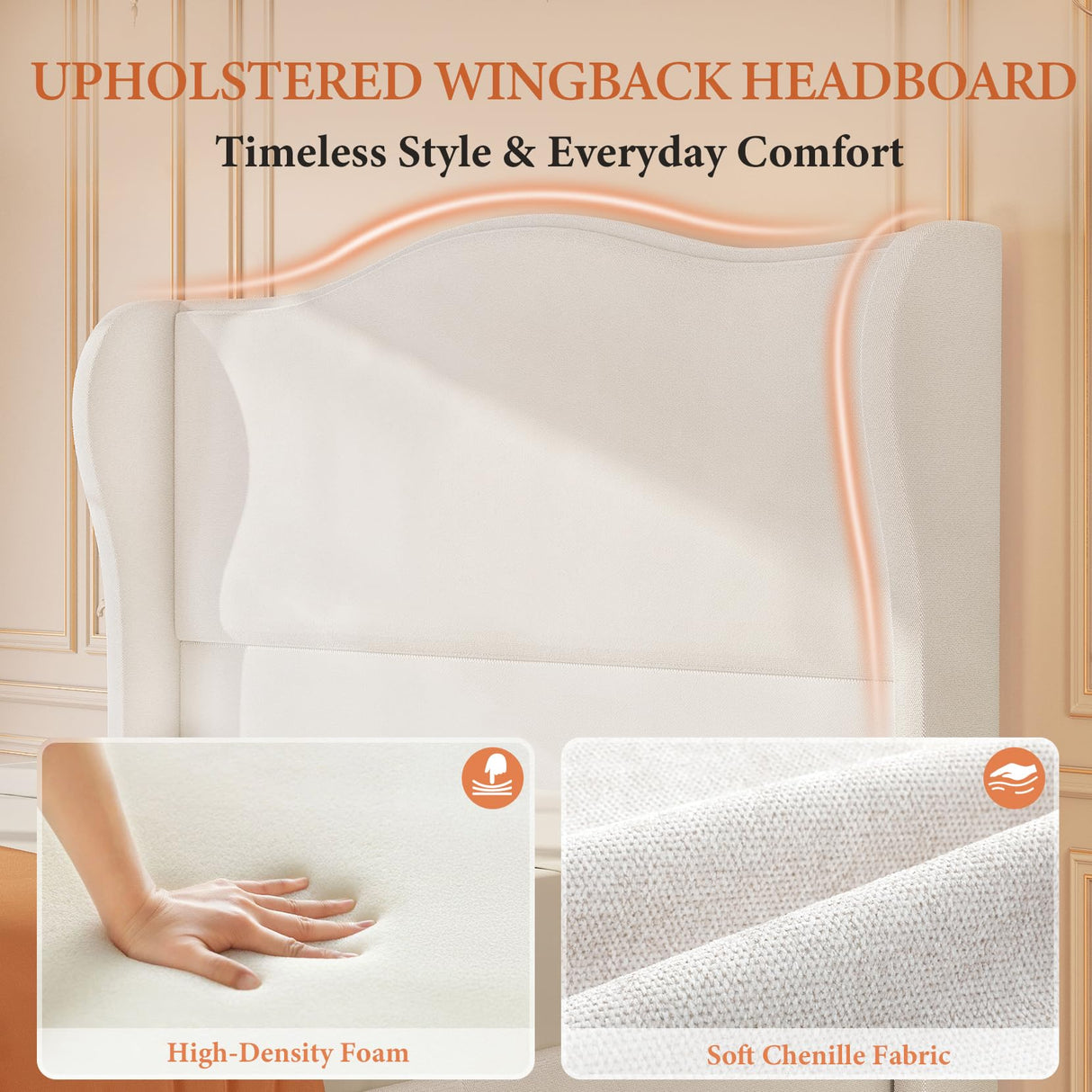 koorlian Queen Bed Frame Chenille Upholstered Platform Bed with Headboard and Footboard, 51" High Deep Tufted Wingback Sleigh Upholstered Bed, Modern Retro Minimalist Style, Easy Assembly, Cream koorlian