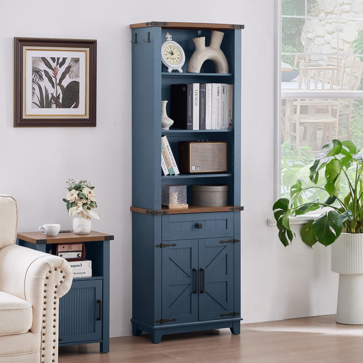 Joaxswe 72in Tall Bookshelf 7 Tier Bookcase with Drawer and Barn Doors and Adjustable Shelves, Blue Farmhouse Book Shelf with Storage Cabinet, Wood Freestanding Display Bookshelves for Kitchen (2PCS) Joaxswe