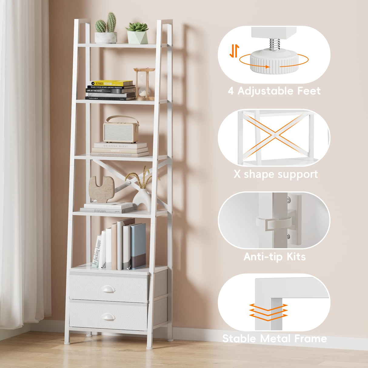 Furologee 5-Tier Ladder Shelf with 2 Drawers,Narrow Bookshelf Storage Shelves,Industrial Bookcase Freestanding Shelf Units for Bedroom,Living Room,Bathroom,Home Office,Balcony,Wood Metal, White Furologee