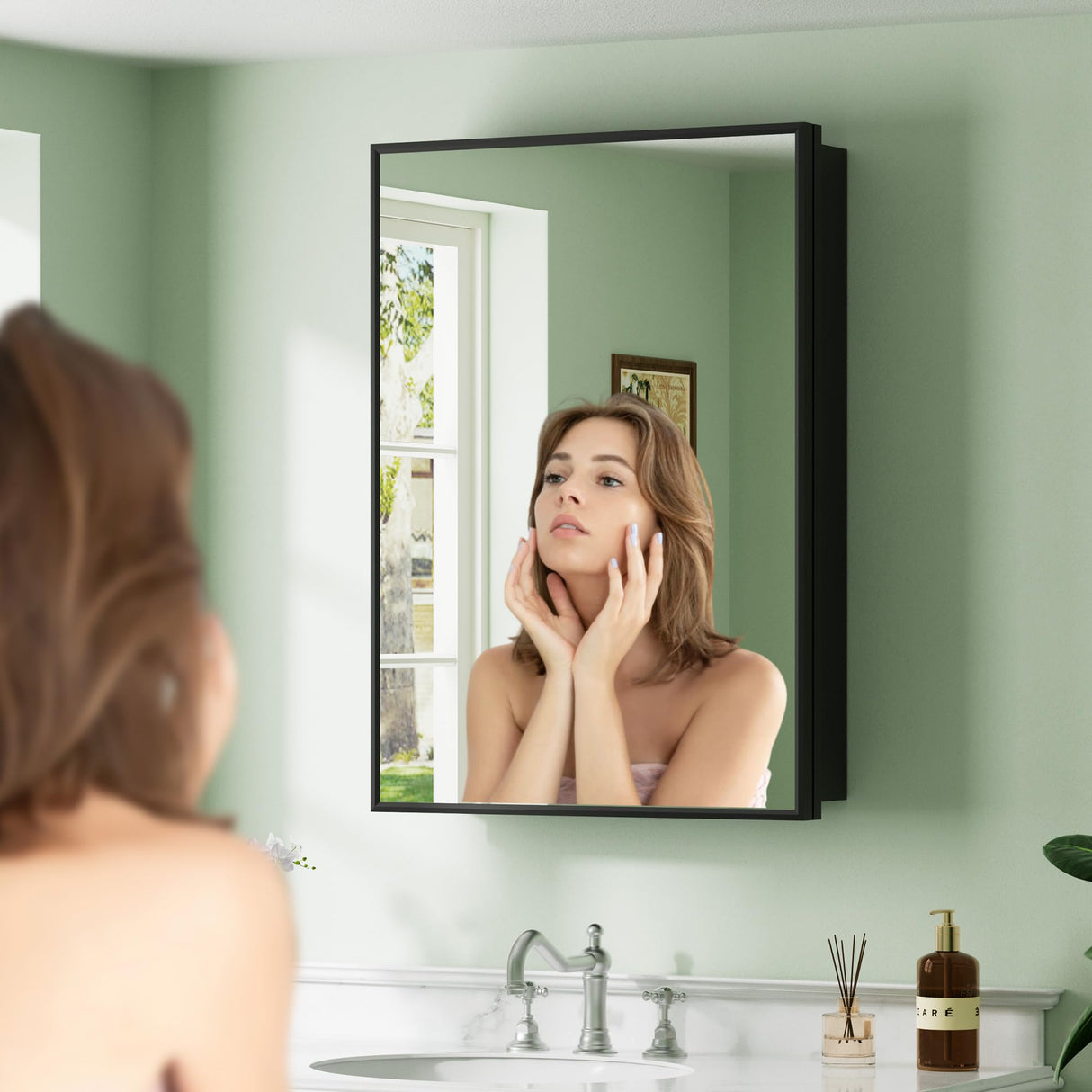 Buruis 14"x 24" Framed Medicine Cabinet with Mirror, Recessed or Wall Mounted Bathroom Cabinet, Adjustable Tempered Glass Shelves, Left/Right Open Reversible, No Assembly Required, Black Buruis