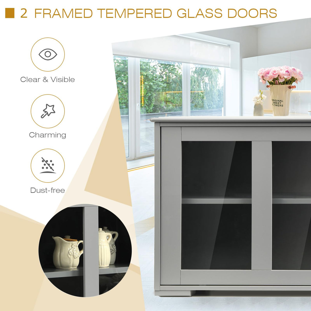 CHEFJOY Sideboard Buffet Cabinet, Stackable Cupboard Storage Table with Adjustable Shelf & Glass Sliding Doors, Wooden Credenza Coffee Bar Cabinet for Kitchen/Dining Room/Living Room/Entryway (Grey) CHEFJOY