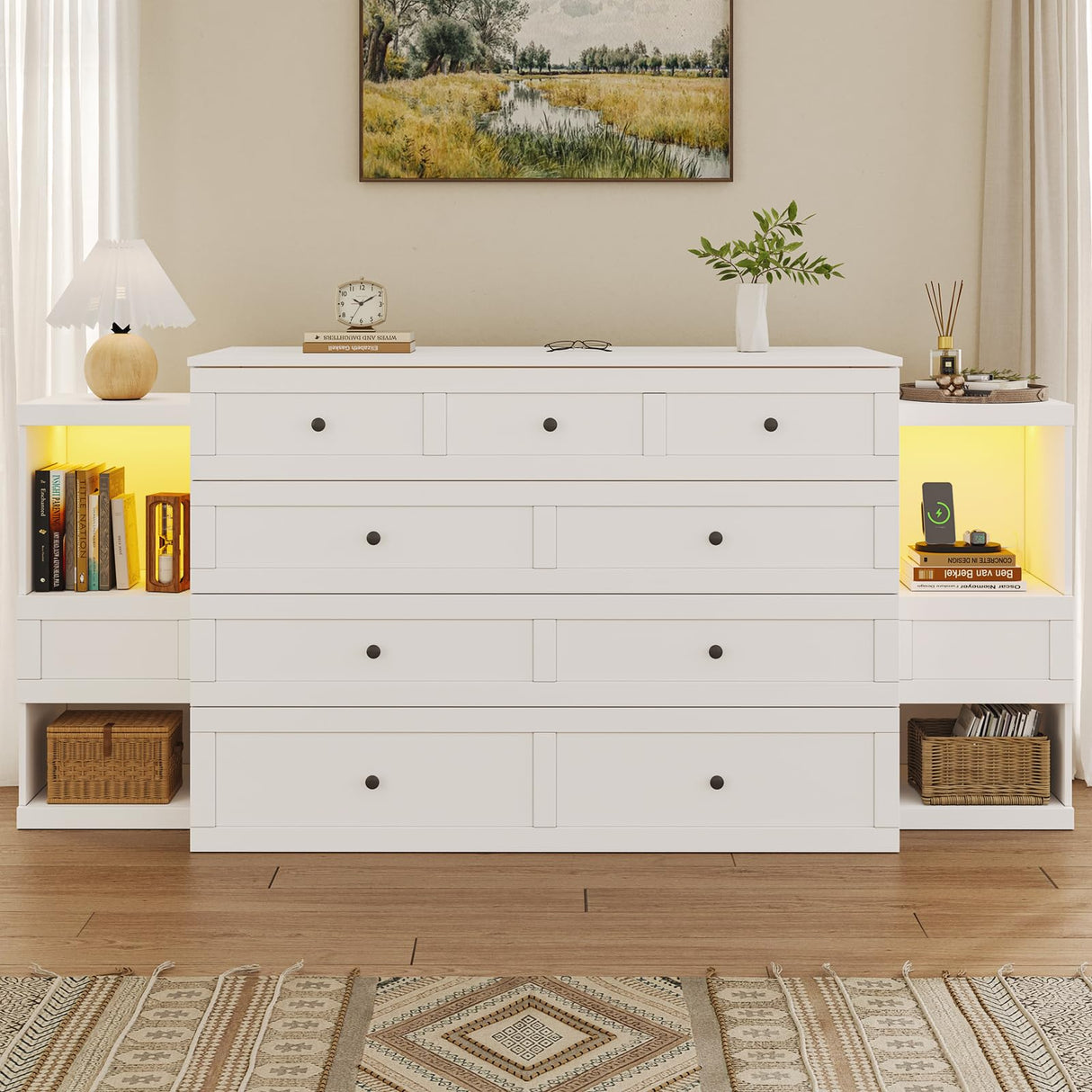 LIVAUVEAD Full Size Murphy Bed with Bedside Tables,Full Size Foldable Cabinet Bed Frame with Charging Station & Drawer,Murphy Bed Chest with Adjustable LED Light for Bedroom,Guest Room,White LIVAUVEAD