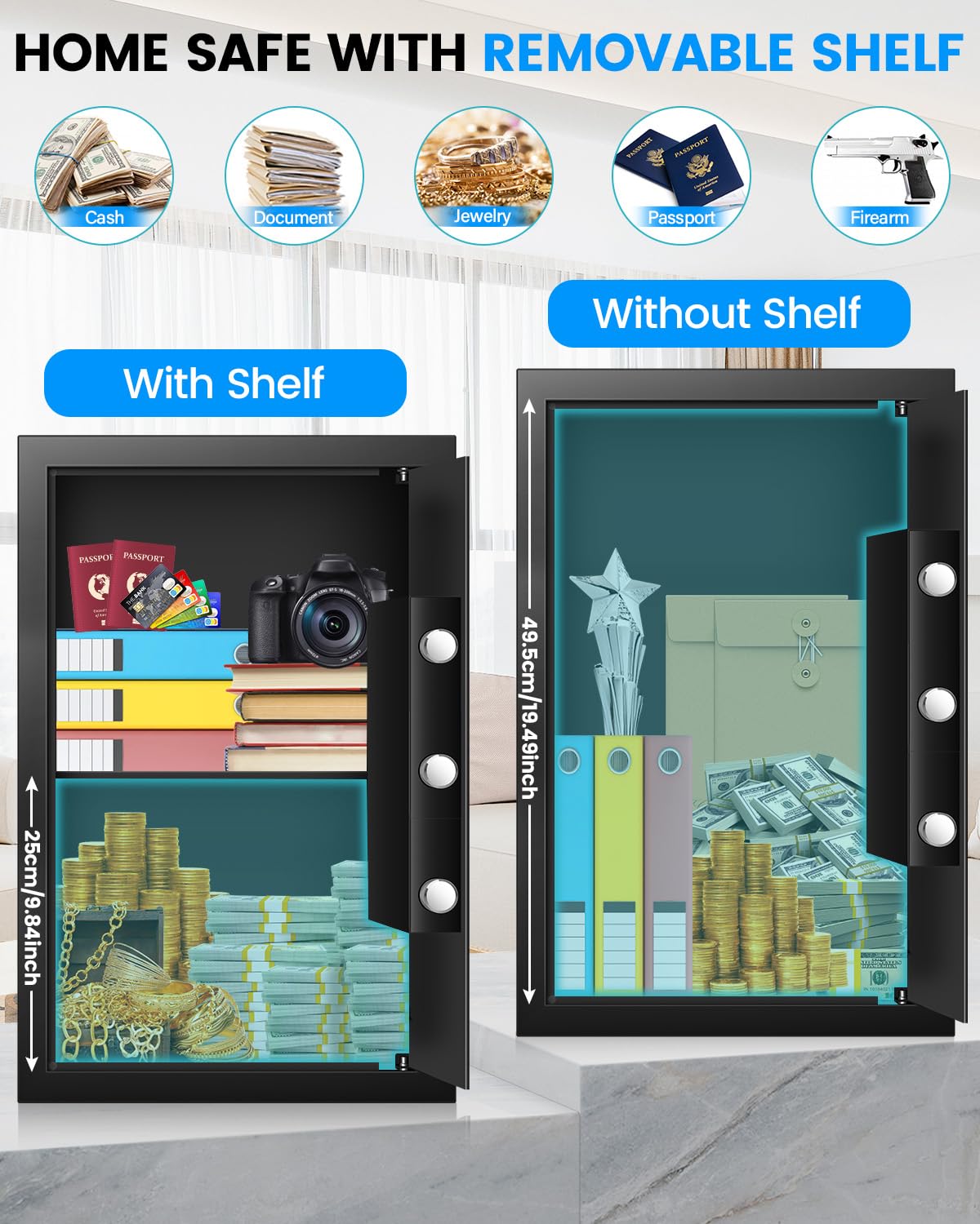 Safe Box, 3.2 Cuft Home Safe with Fireproof Waterproof Bag, Anti-Theft Digital Security Safes with Smart Alert System, Removable Shelf, Mute Function, Document Safes for Money Jewelry FOWORE