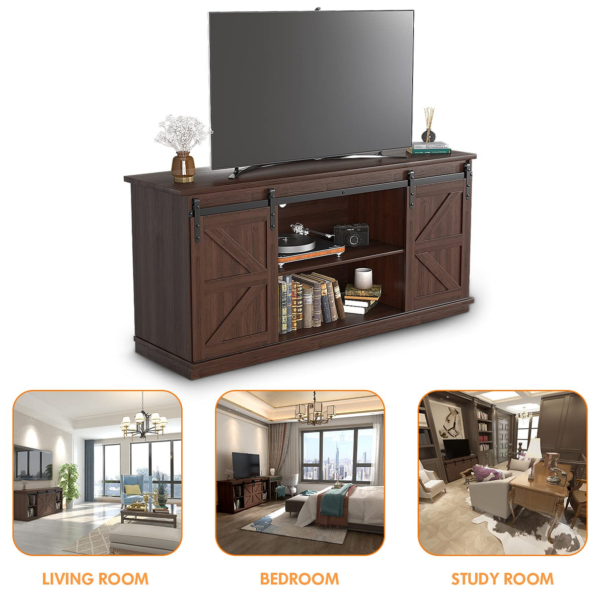 JUMMICO TV Stand for 65 Inch TV, Entertainment Center with Storage Cabinets and Sliding Barn Doors, Mid Century Modern Media TV Console Table for Living Room Bedroom (Brown) JUMMICO