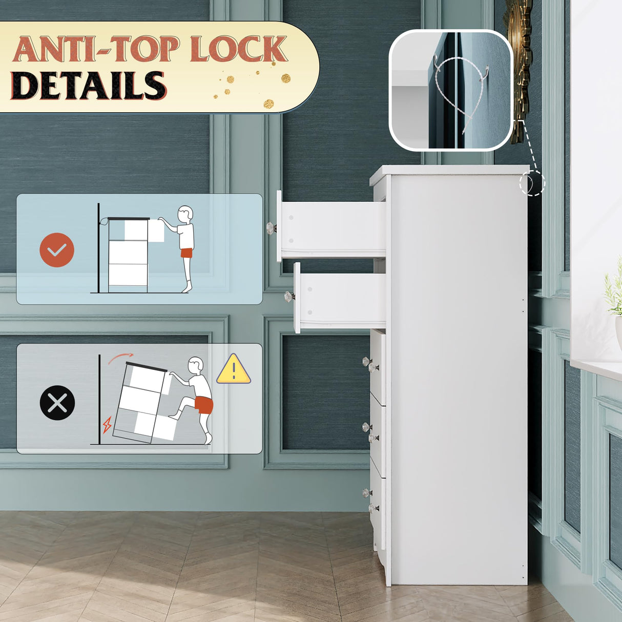 WLIVE White Wood Dresser with 5 Drawer, Cabinets Dressers Wood Dresser Cabinet, Organizer Drawers for Bedroom, Living, Hallway, Measuring 15.7" W*31.4" D*45.3" H WLIVE